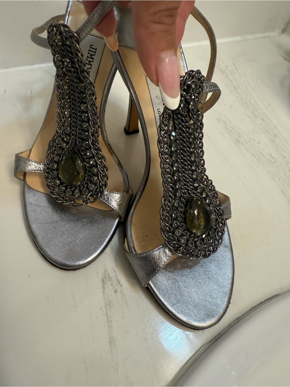Jimmy Choo Metallic Silver Chain-Topped T-Strap Heels